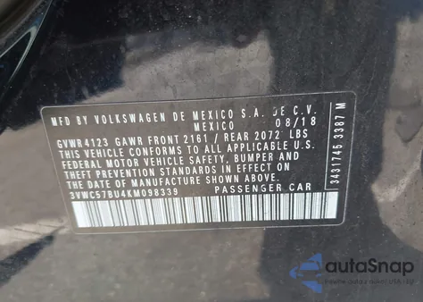 2019 Volkswagen Jetta 1.4T R-Line/1.4T S/1.4T Se из США, поврежденный, VIN 3VWC57BU4KM098339